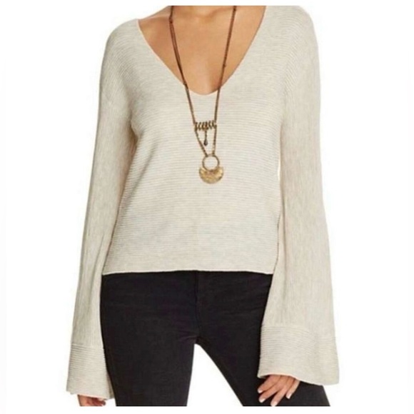 Free People Starman V-Neck Pullover Top Ribbed Bell Sleeve Small Cream - Picture 1 of 9